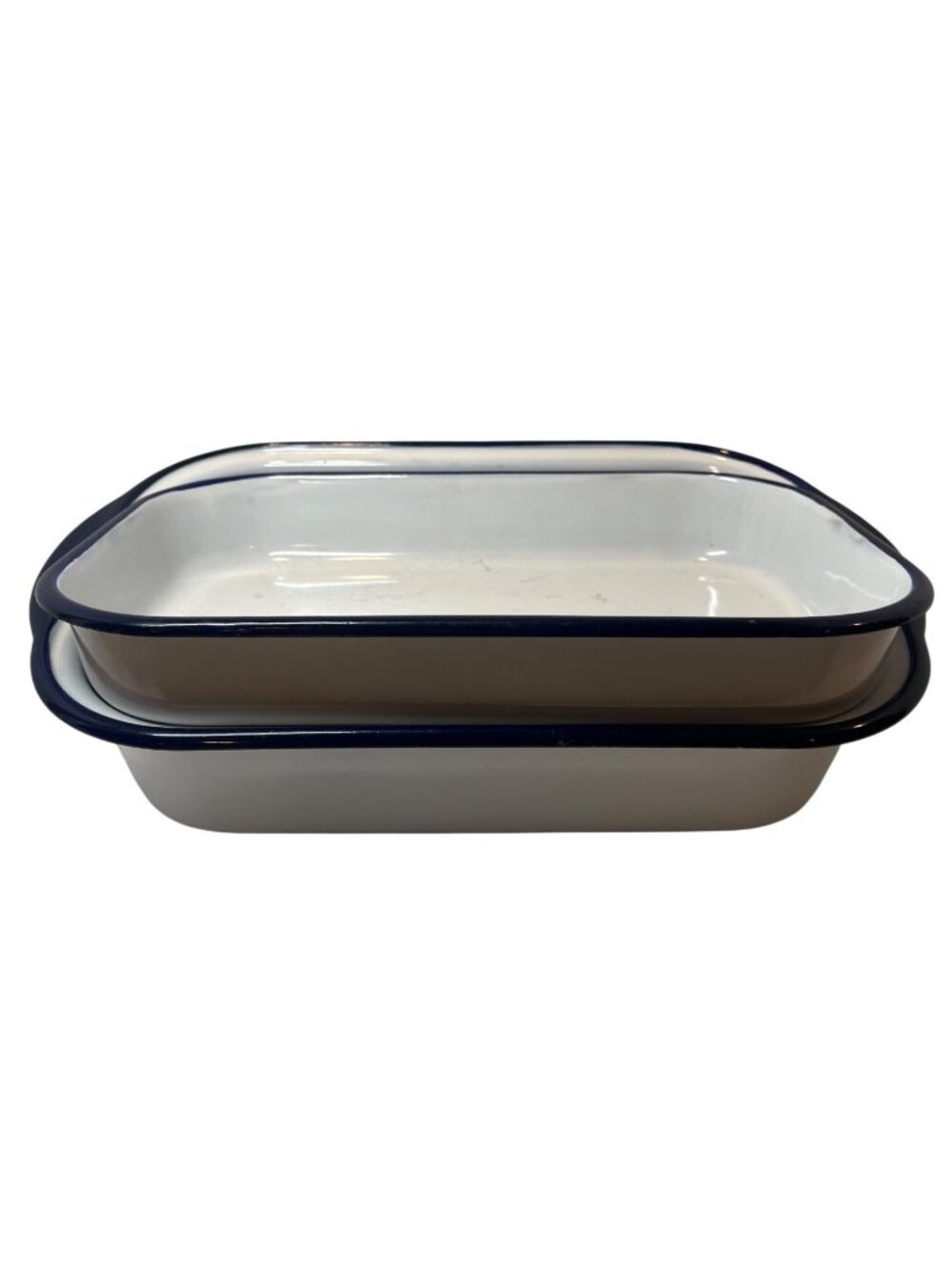 Two Enamelware Nesting Bakeware Set White Blue Rim Rectangular Roasting Pans